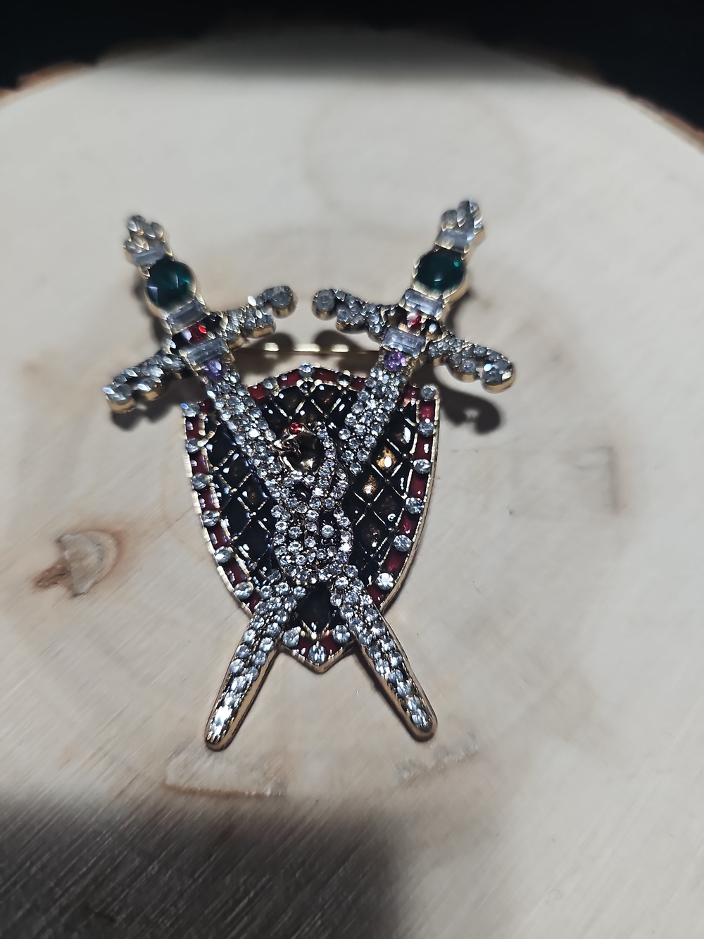 Crystal Sword & Shield Brooch with Green Accents